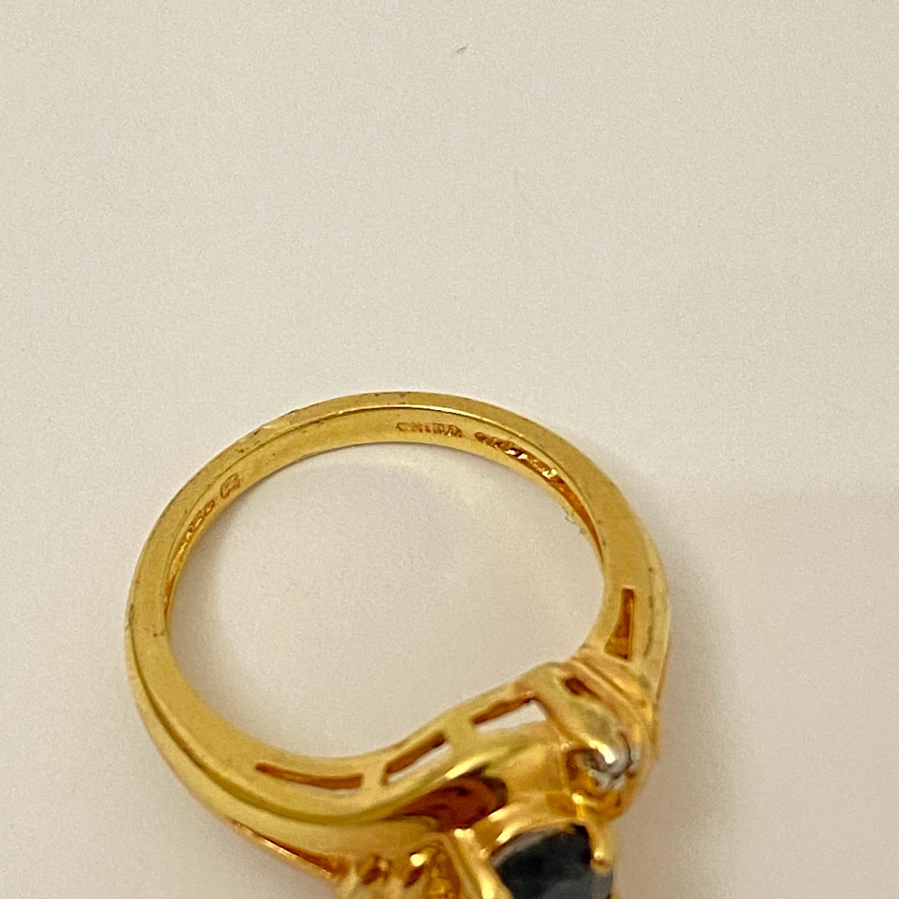 14K Gold Ring With Jet Stone & Two Tiny Diamonds