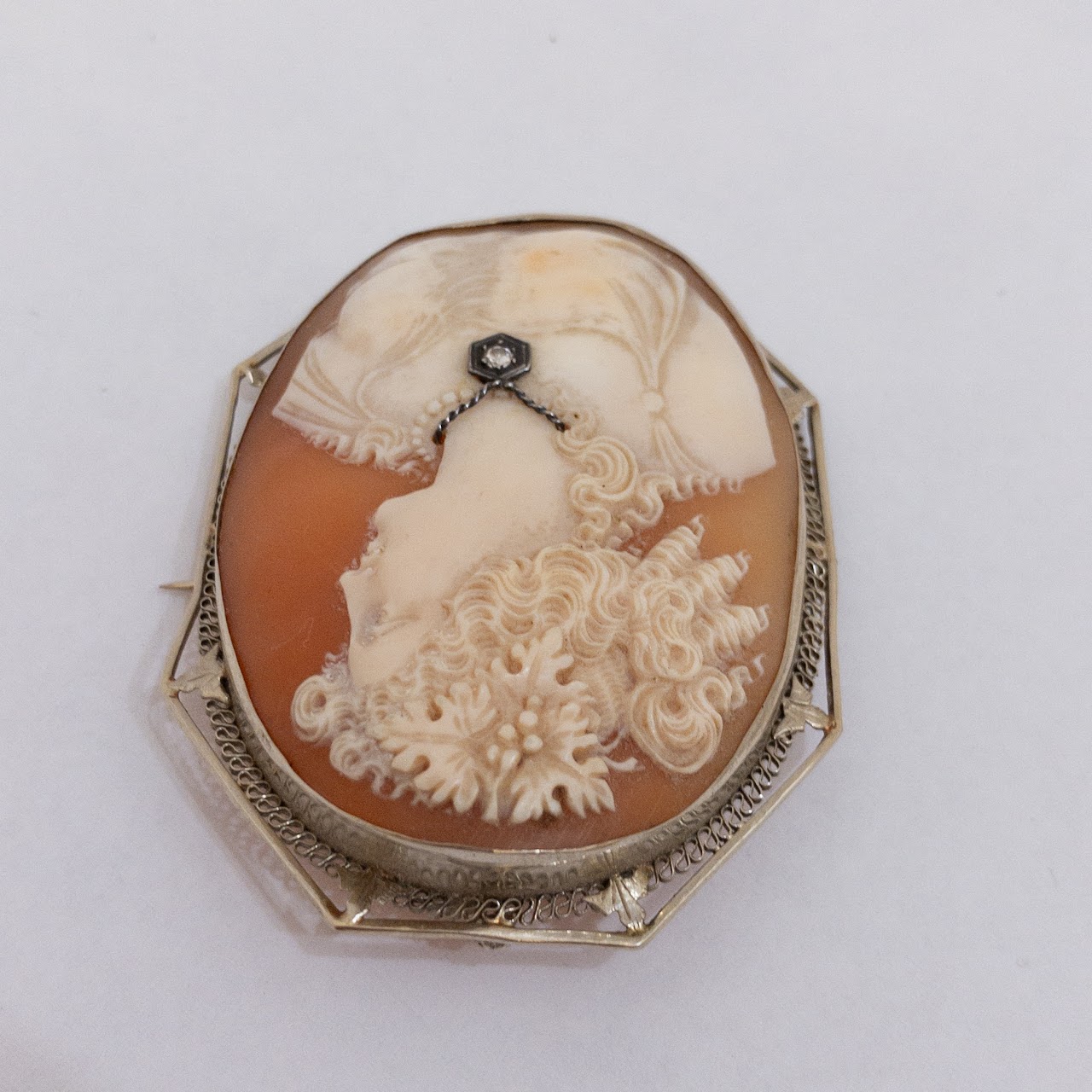 14K Gold & Diamond Cameo Convertible Brooch