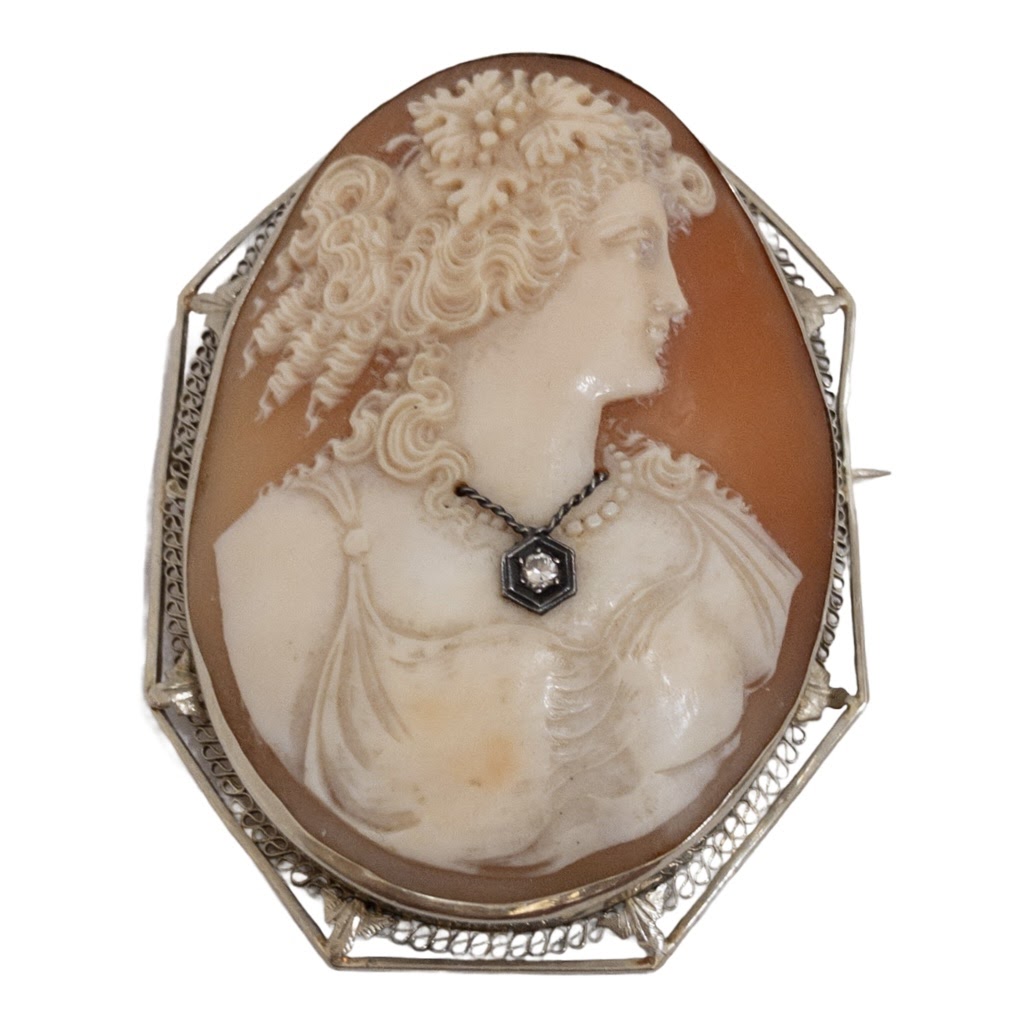 14K Gold & Diamond Cameo Convertible Brooch