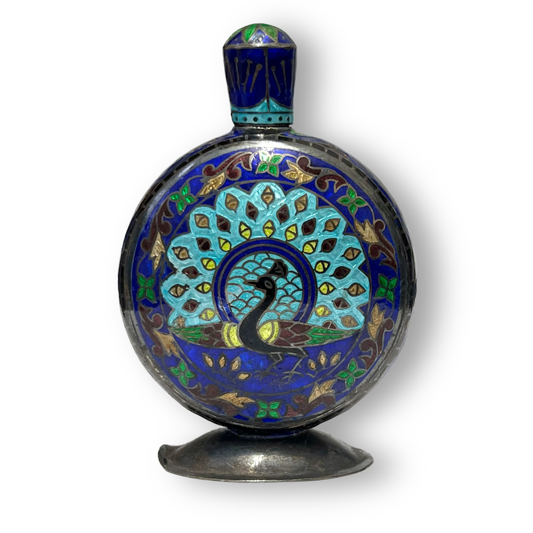 Sterling Silver & Cloisonné Peacock Motif Bottle