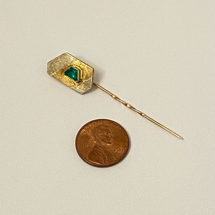 18K Two-Tone Gold & Green Stone Stick Pin