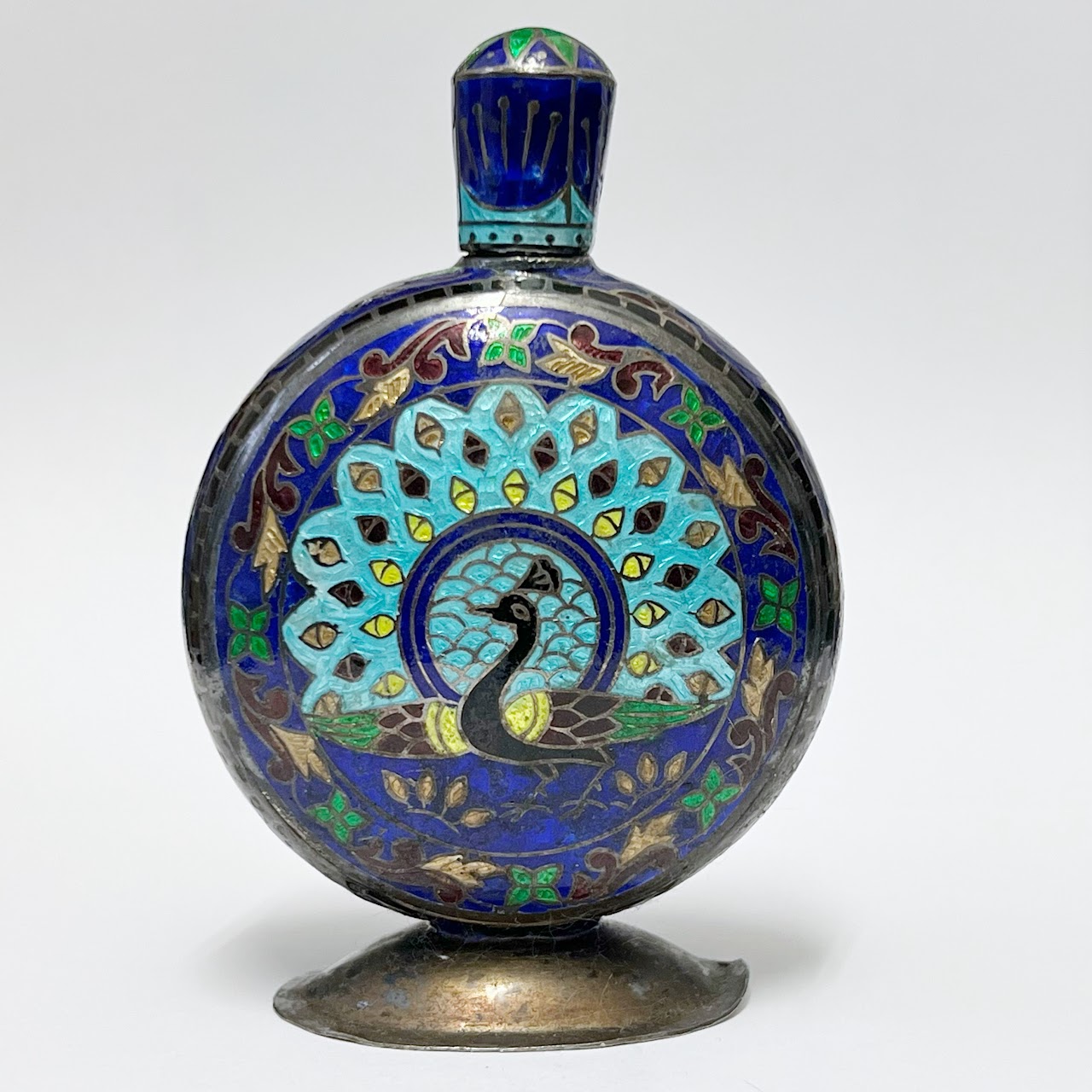 Sterling Silver & Cloisonné Peacock Motif Bottle