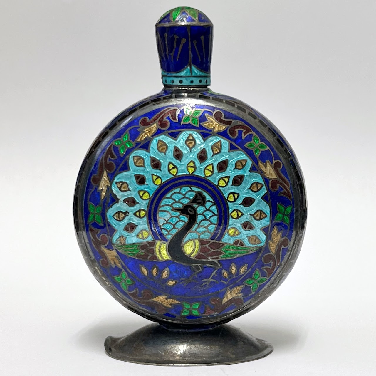 Sterling Silver & Cloisonné Peacock Motif Bottle