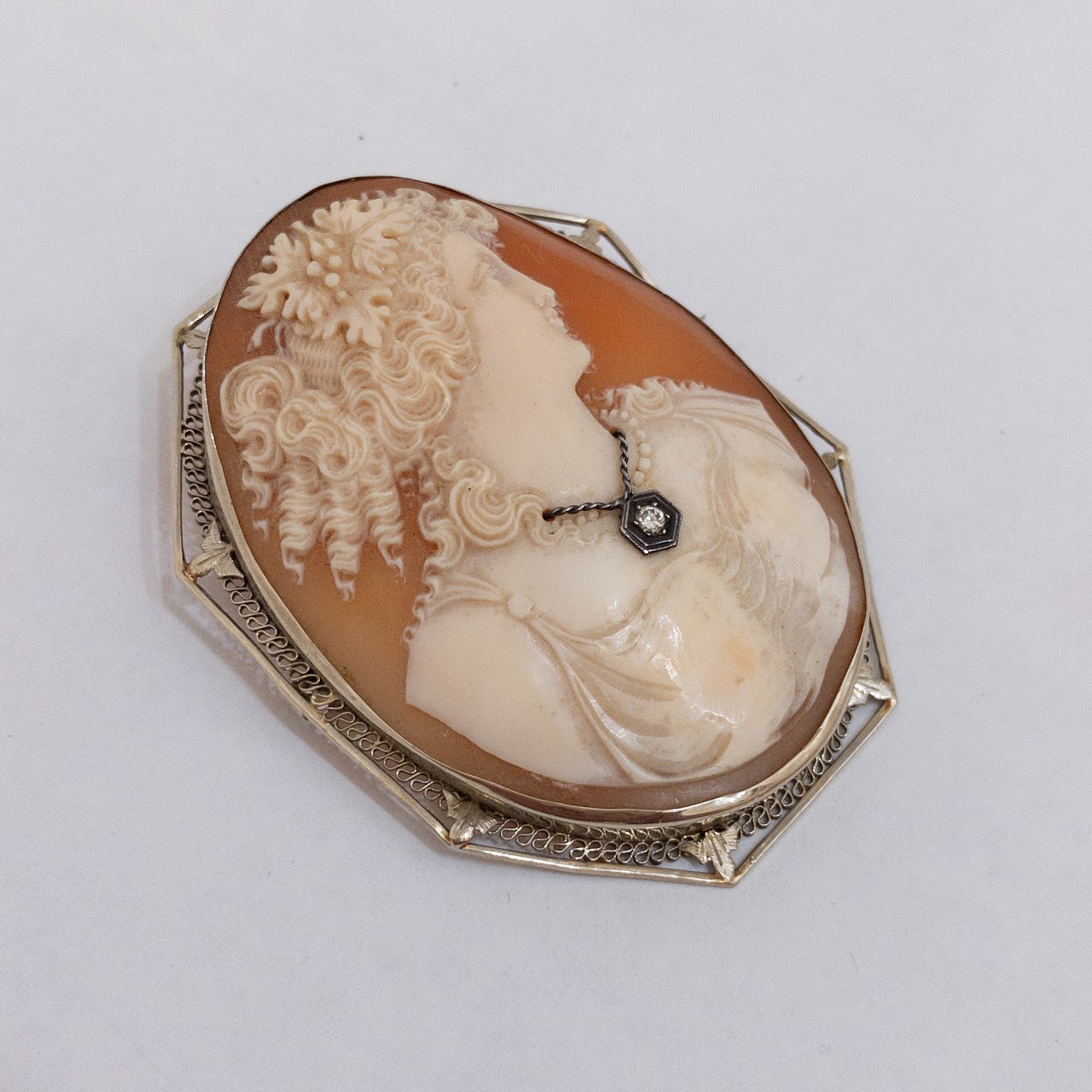 14K Gold & Diamond Cameo Convertible Brooch