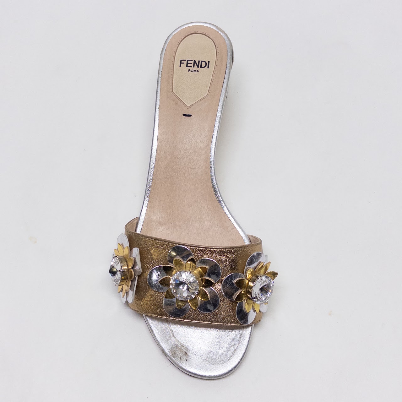 Fendi Flowerland Metallic Leather Slides