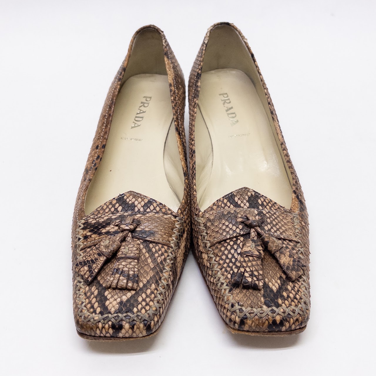 Prada Python Tassel Toe Kitten Heels