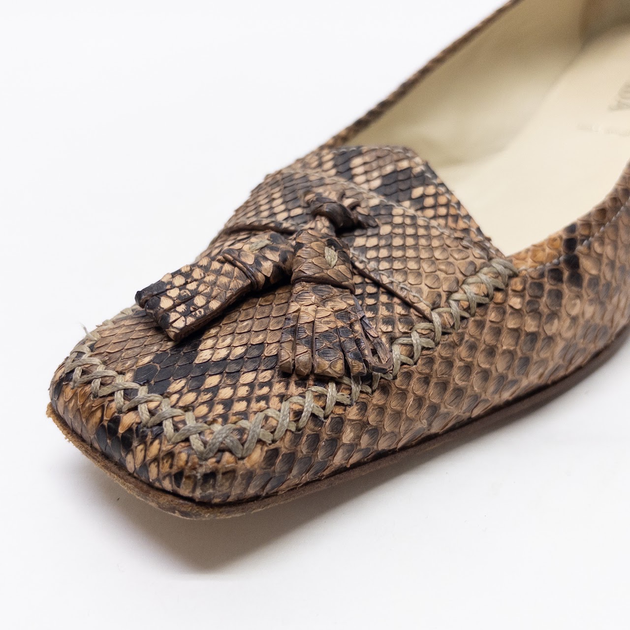 Prada Python Tassel Toe Kitten Heels