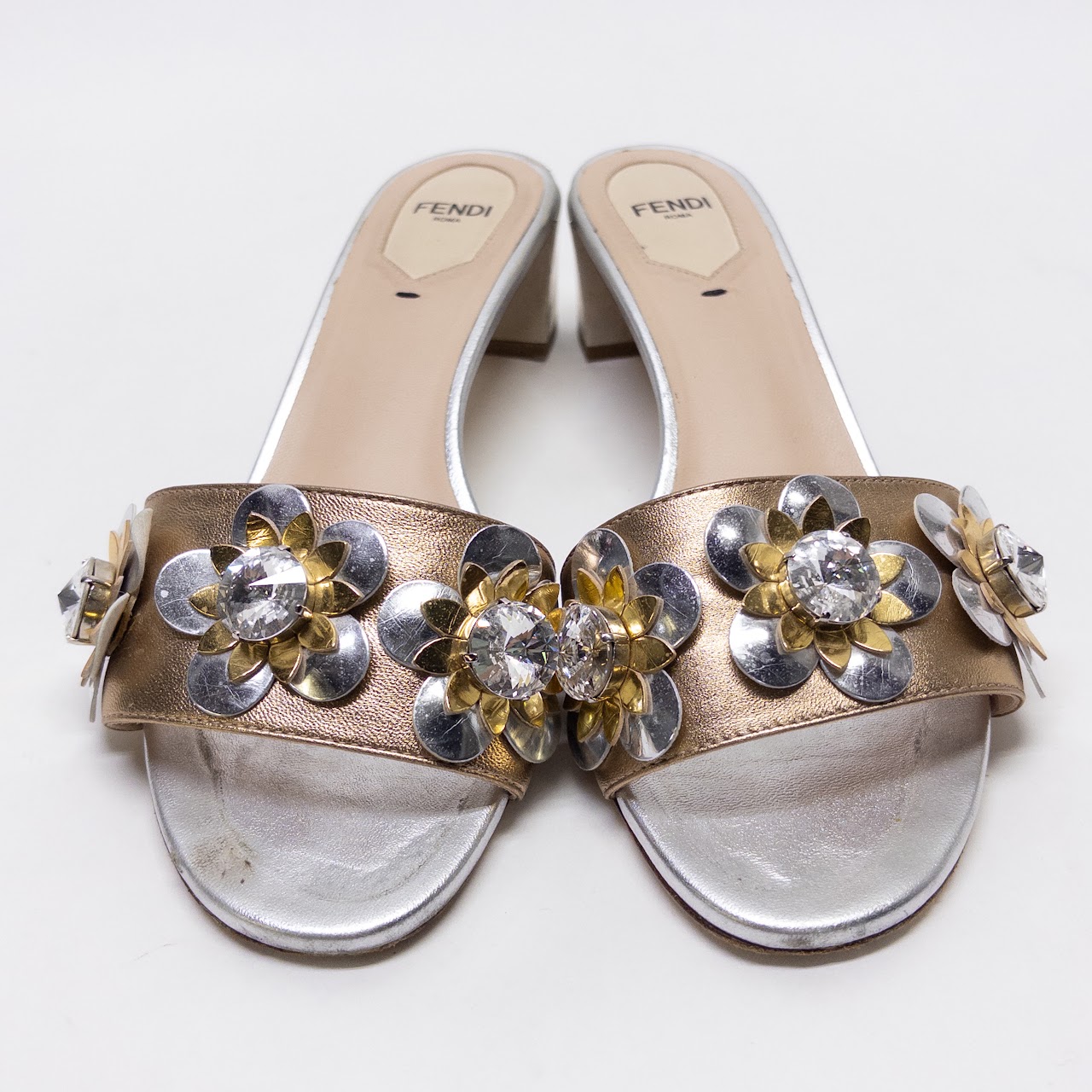 Fendi Flowerland Metallic Leather Slides