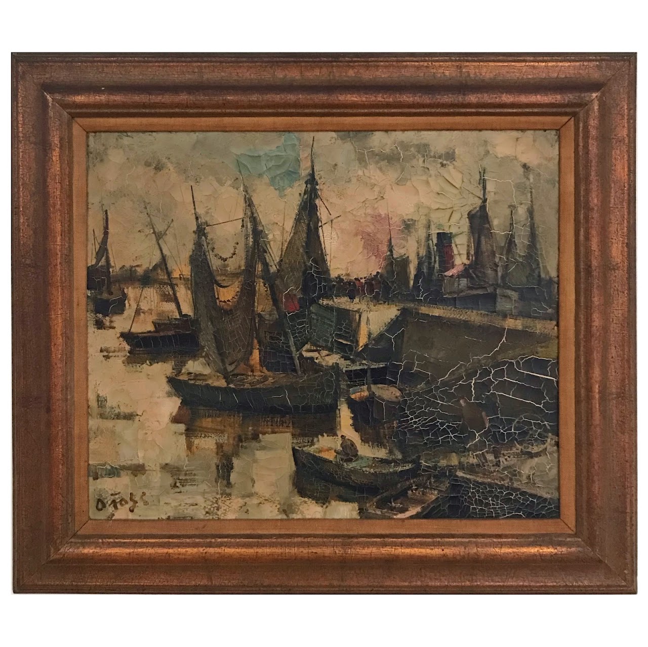 Oliver Foss Signed Modernist Harbor Scene Oil Painting