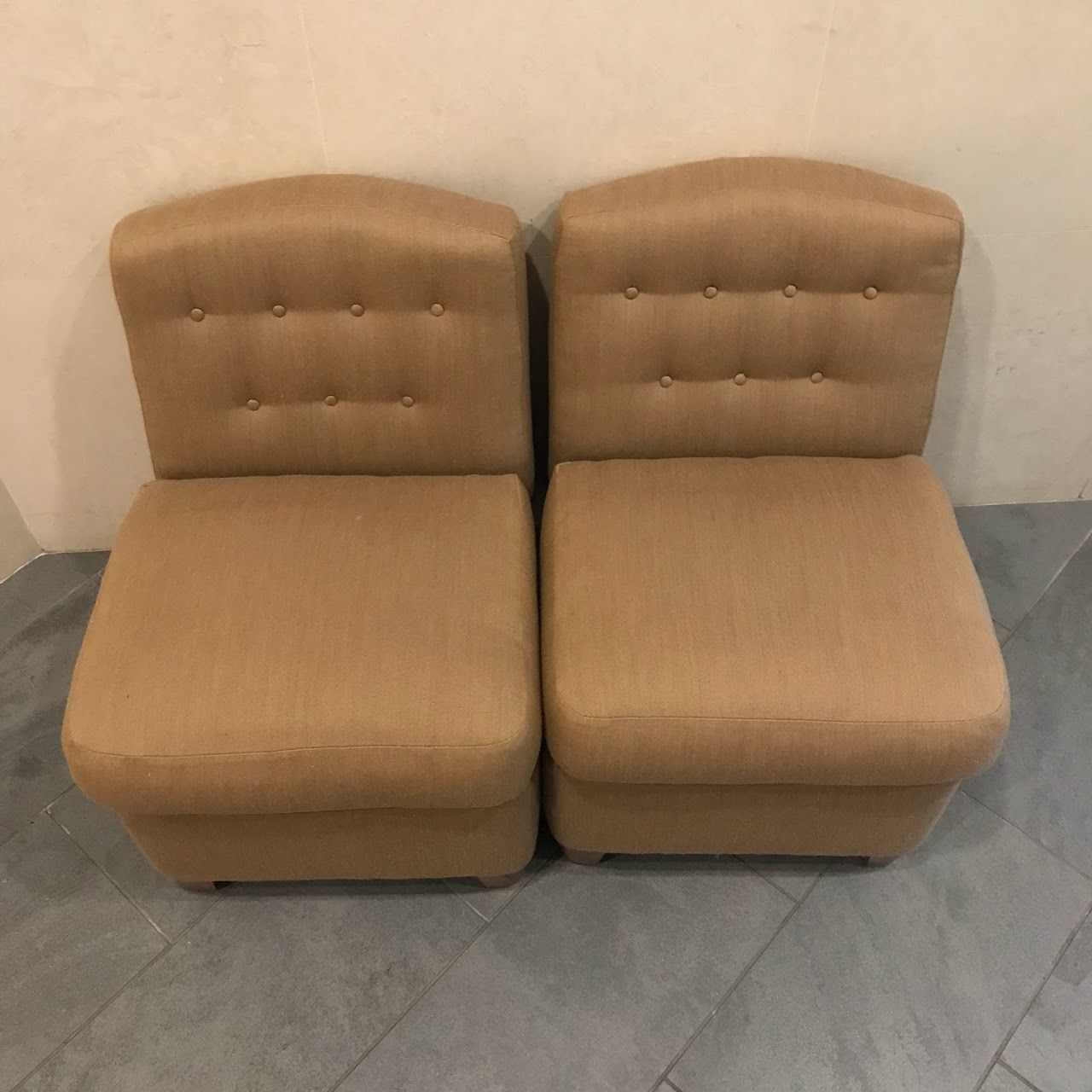 Diminutive Tufted Wool Slipper Chair Pair