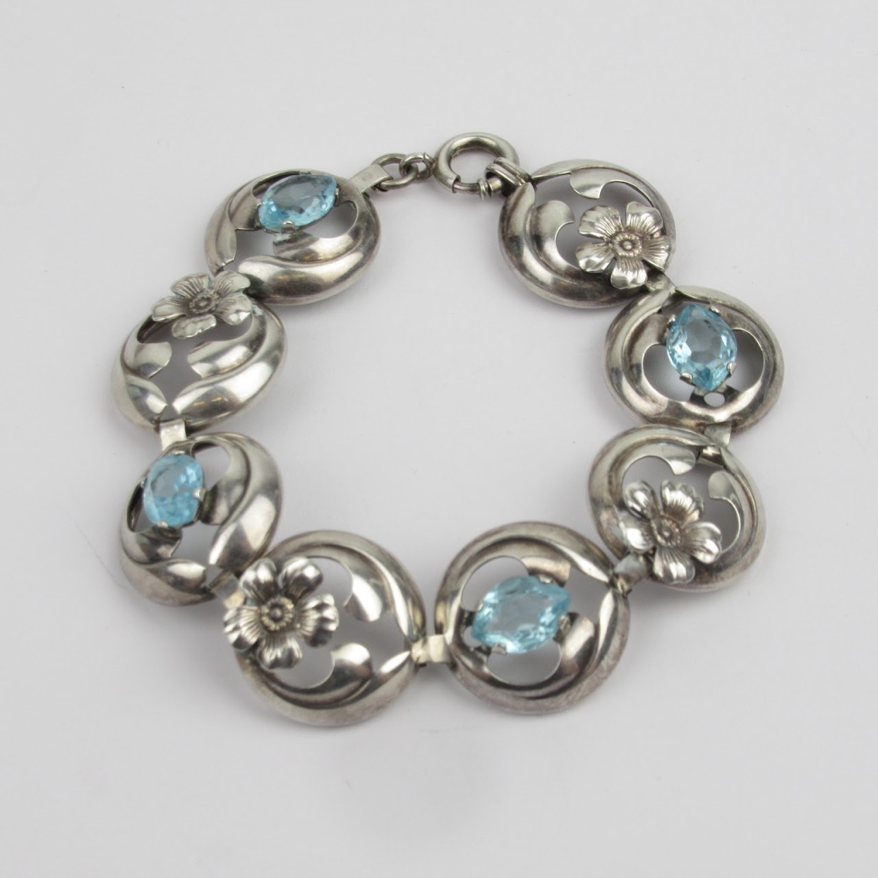 Sterling SIlver & Aquamarine Floral Bracelet