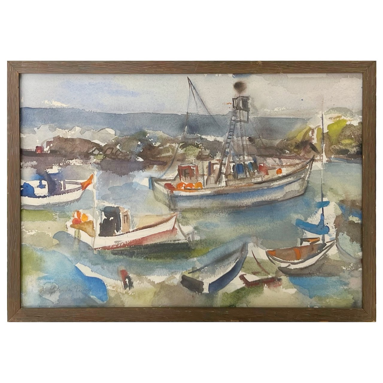 Yolanda Fusco Signed Harbor Scene Watercolor Painting