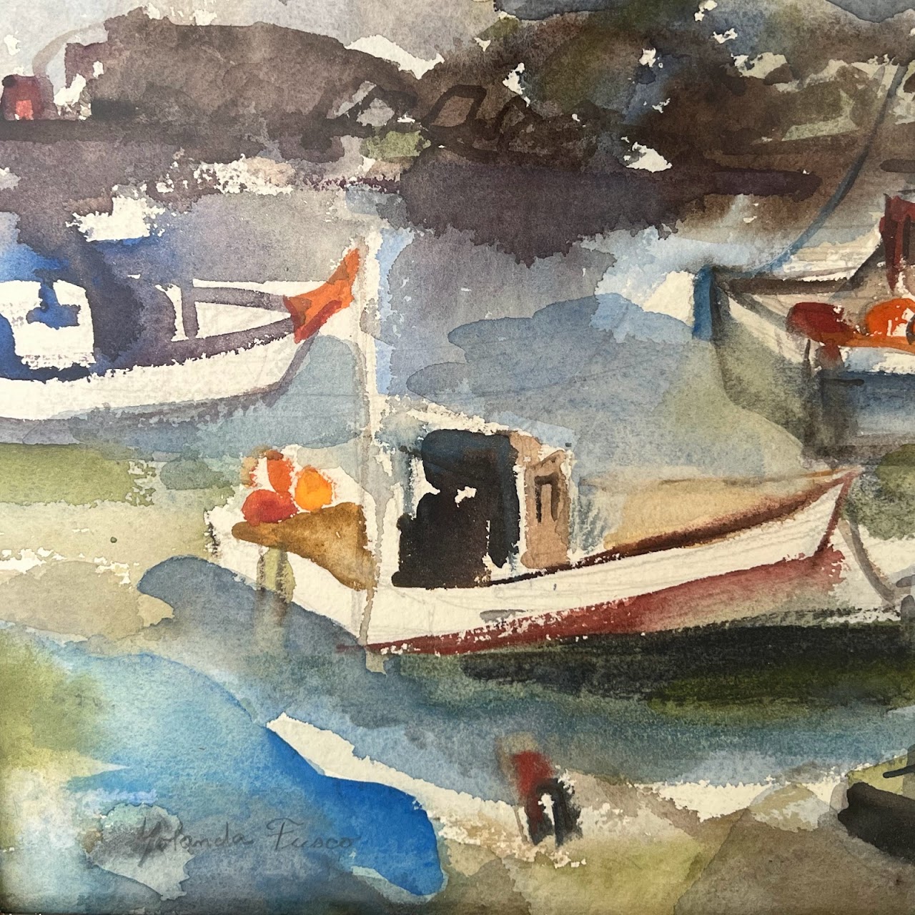 Yolanda Fusco Signed Harbor Scene Watercolor Painting