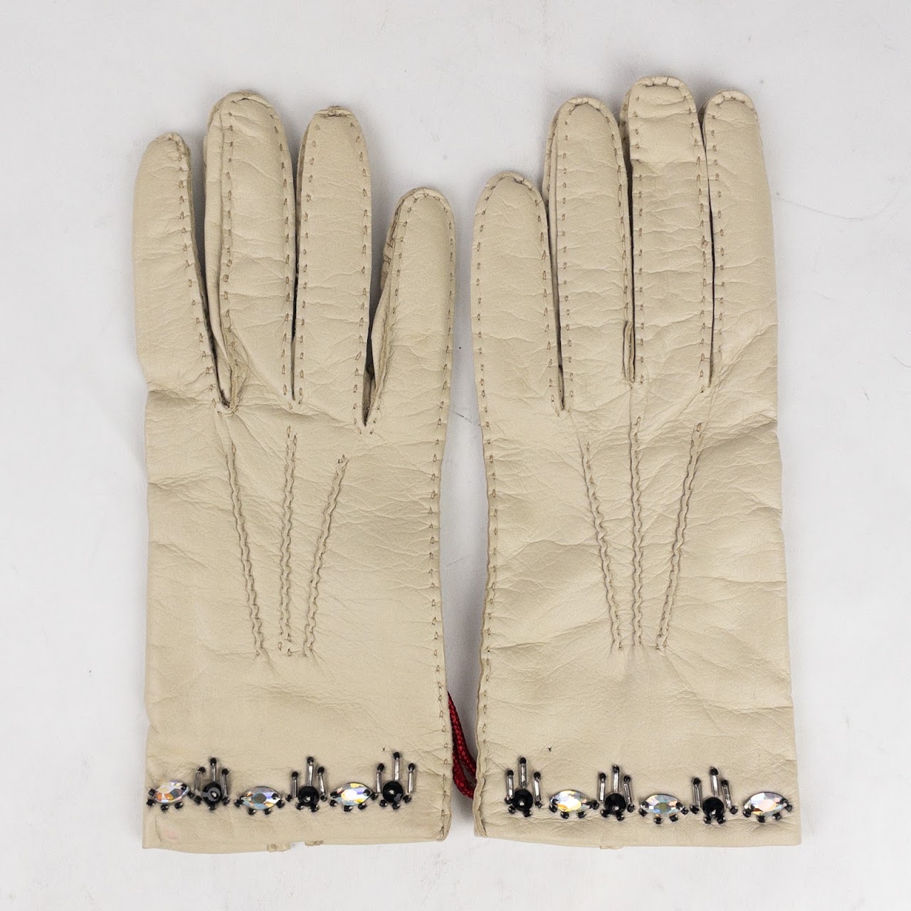 Valentino Garavani Cream Leather Embellished Gloves