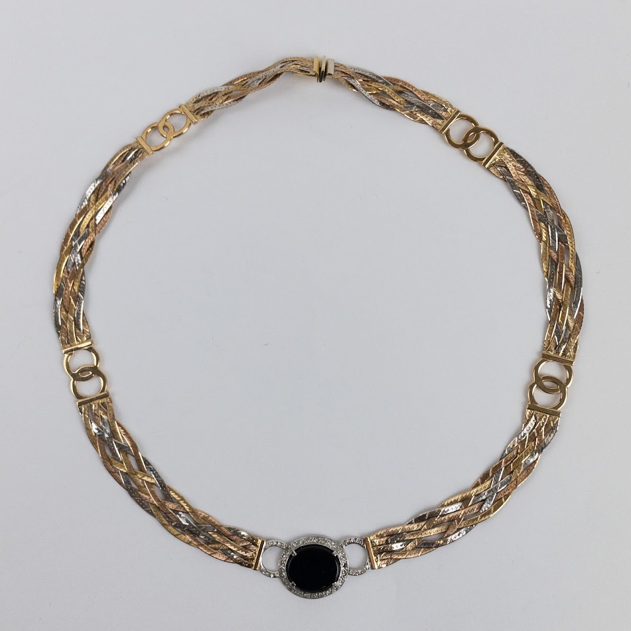 14K Tri-Color Gold, Diamond & Obsidian Necklace