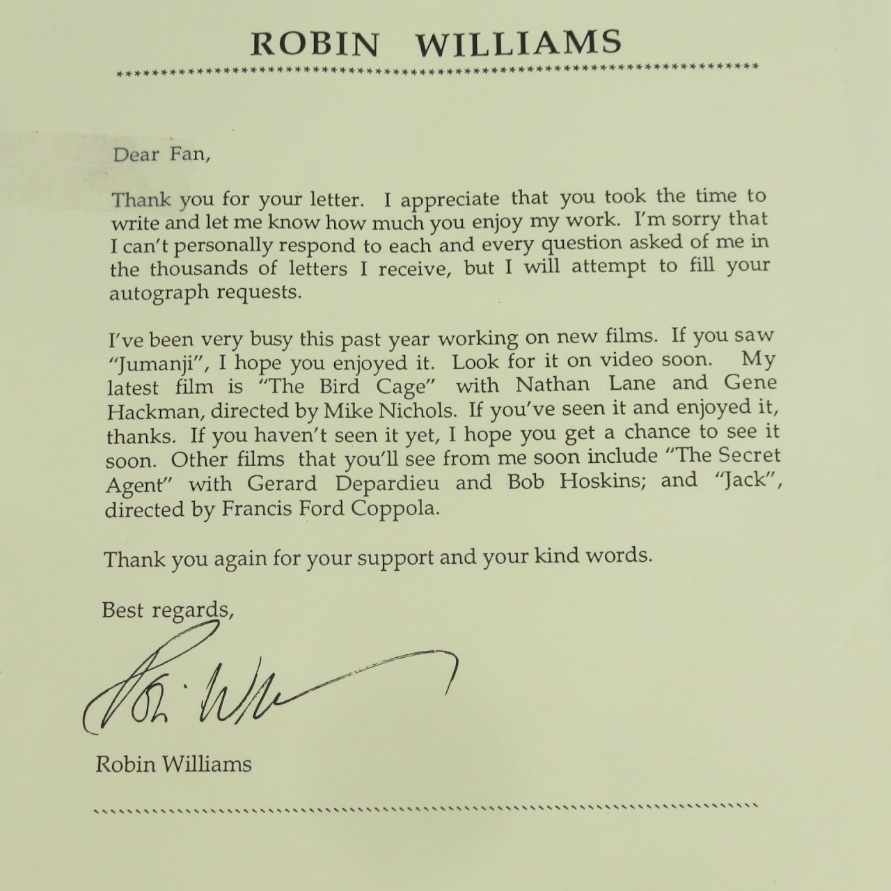 Robin Williams Promotional Photo & Signed Letter