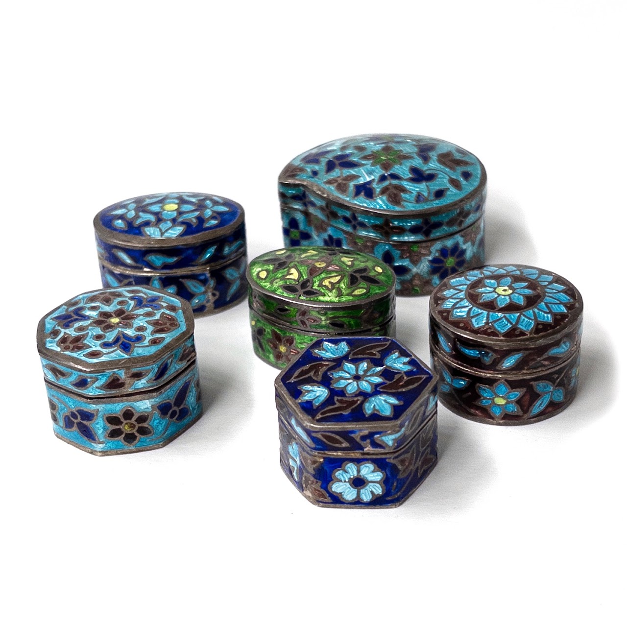 Sterling Silver Cloisonné Lidded Box Sextet