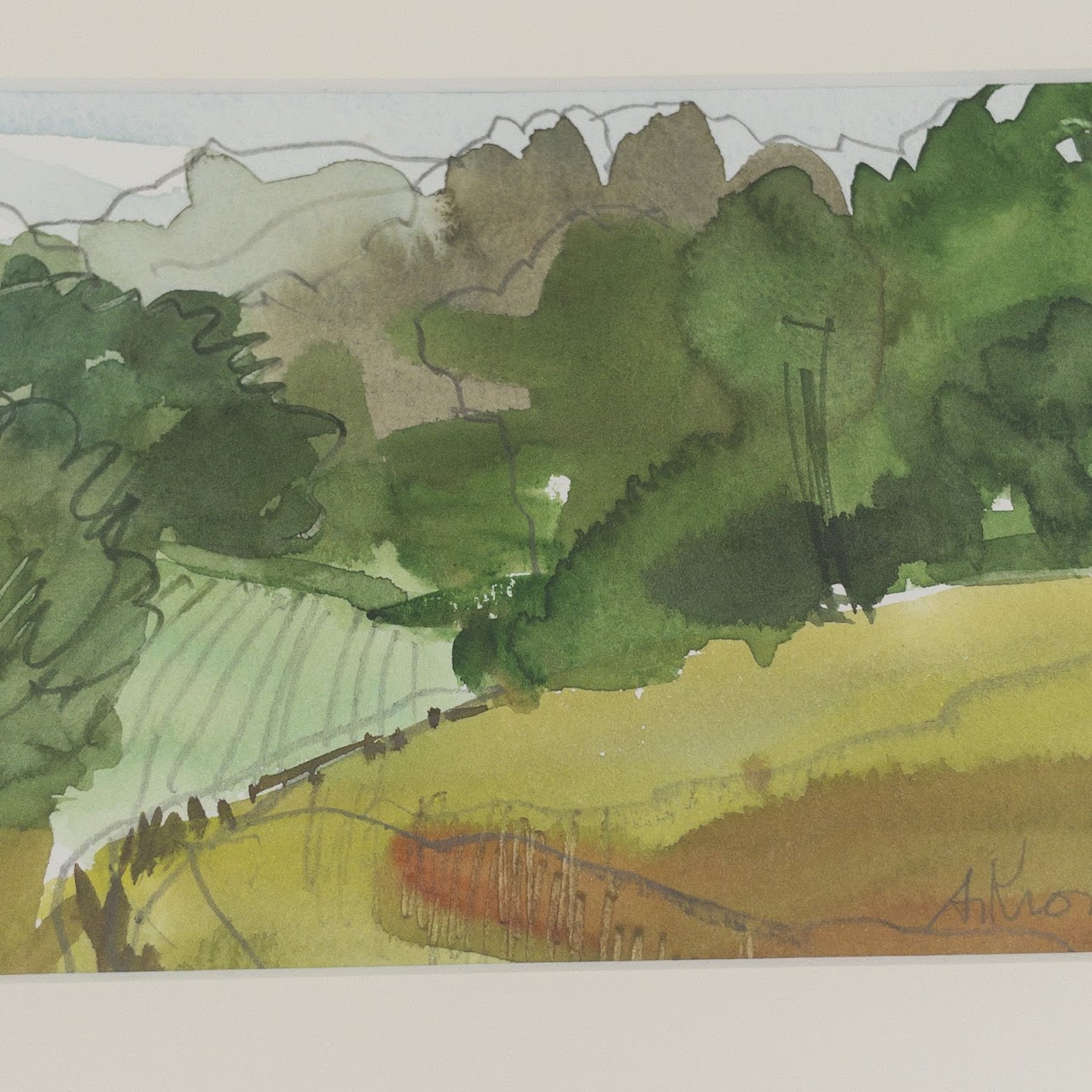 Ann Kromer Signed "Farmland" Watercolor Painting