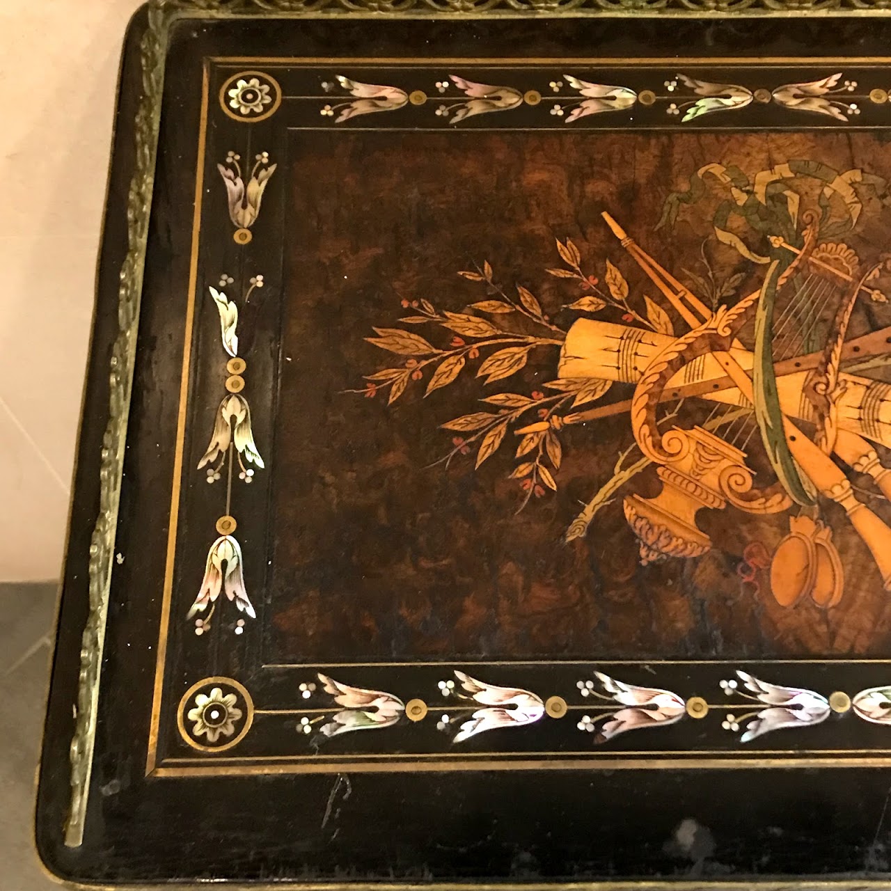 Marquetry & Mother of Pearl Inlaid Ormolu Mounted Tiered End Table