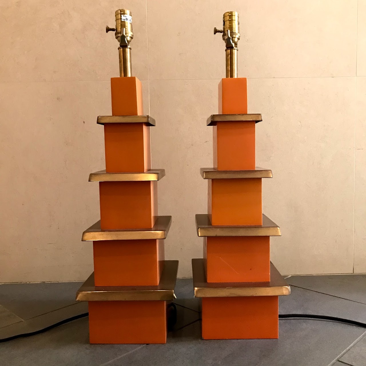 Jonathan Adler Lacquer & Brass Pagoda Table Lamp Pair