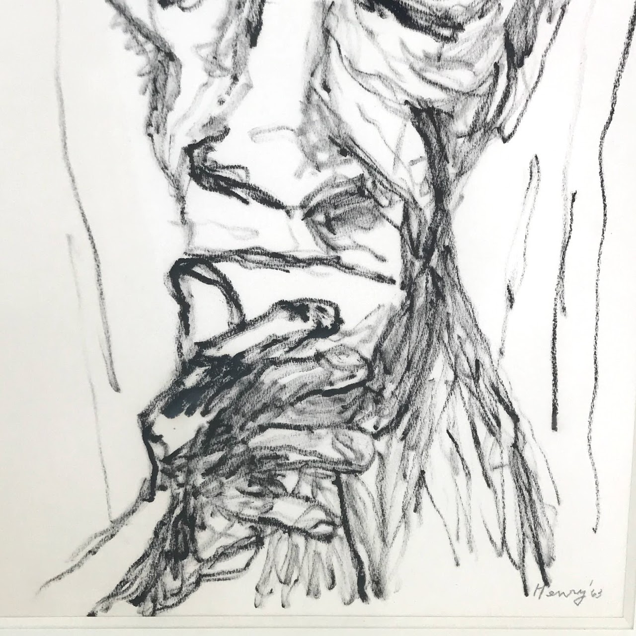 Expressionist Signed Charcoal Portrait Drawing