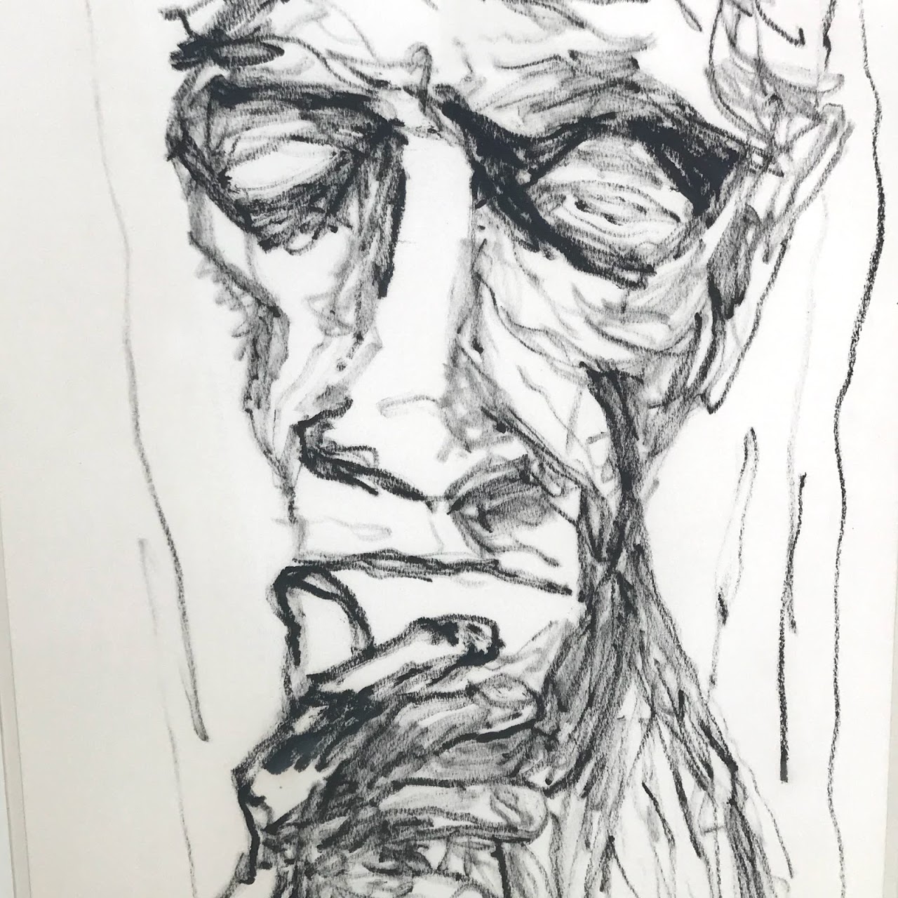 Expressionist Signed Charcoal Portrait Drawing