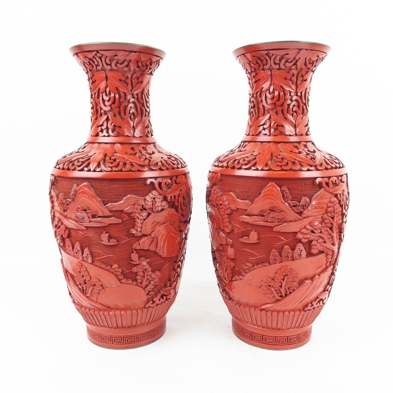 Carved Cinnabar Vase Pair