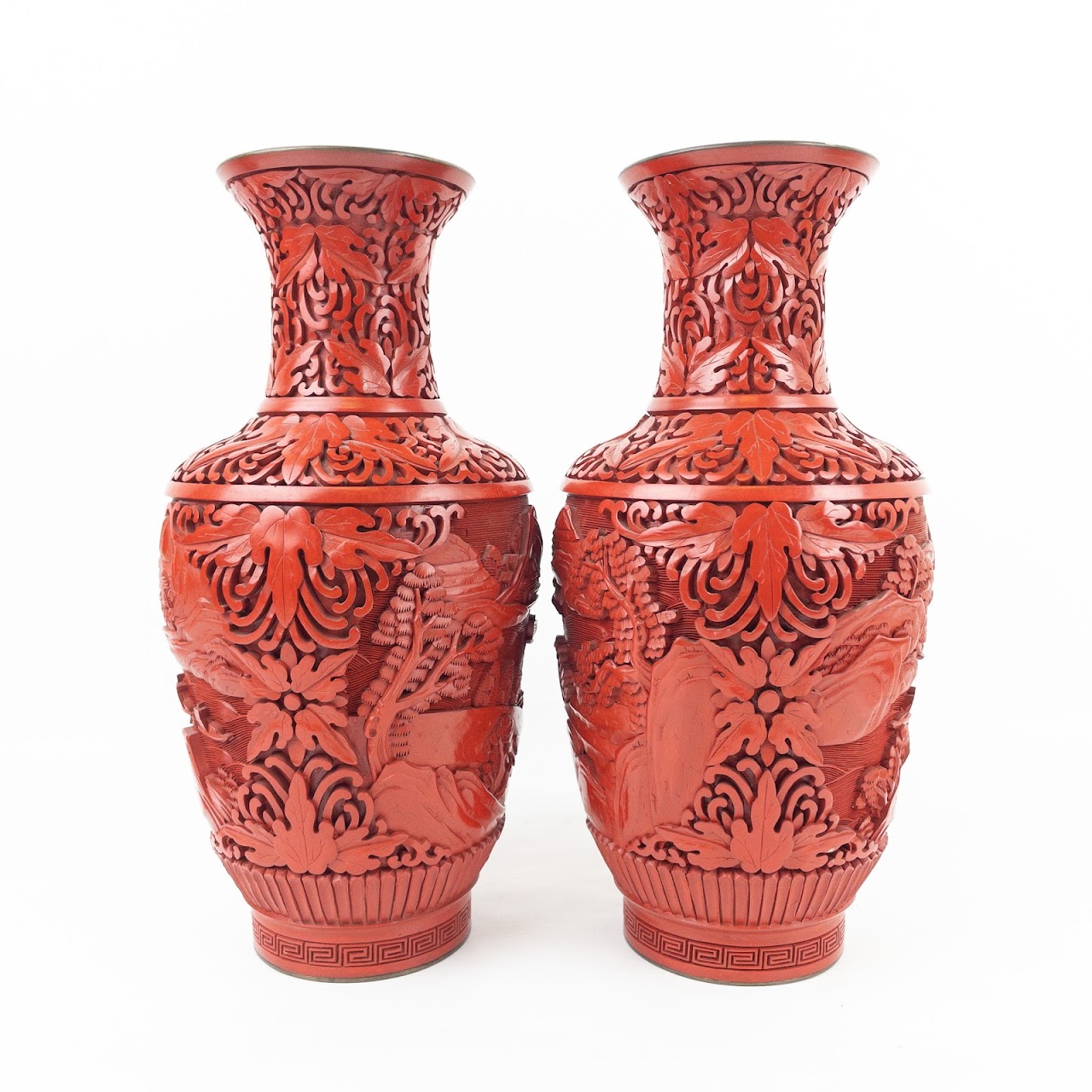 Carved Cinnabar Vase Pair