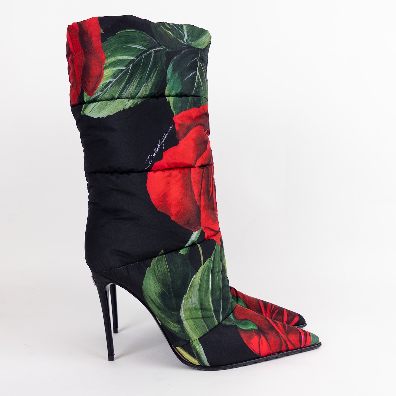 Dolce & Gabbana Quilted Calf Height Rose Print Boots