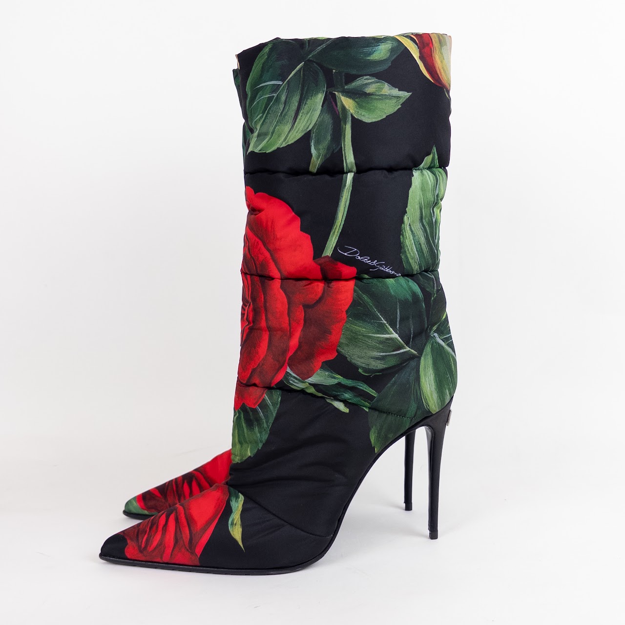 Dolce & Gabbana Quilted Calf Height Rose Print Boots