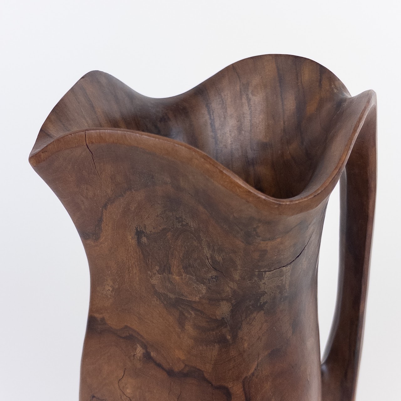 Carved Olivewood Biomorphic Pitcher, Signed 'Falcon Spain'