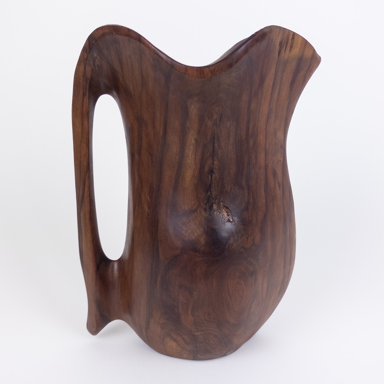 Carved Olivewood Biomorphic Pitcher, Signed 'Falcon Spain'