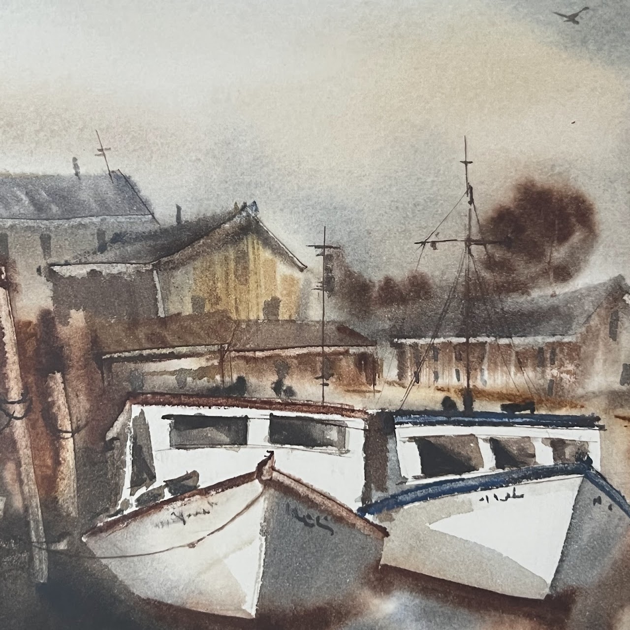 Boats at Dock Watercolor Painting