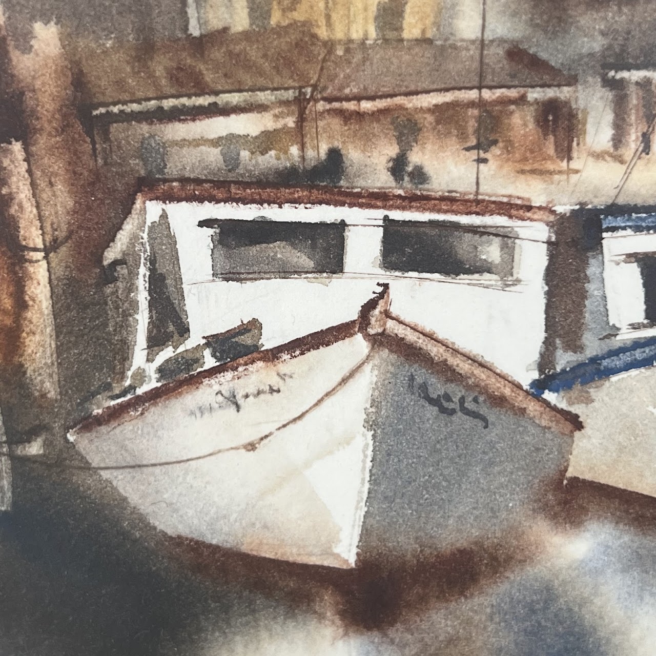 Boats at Dock Watercolor Painting