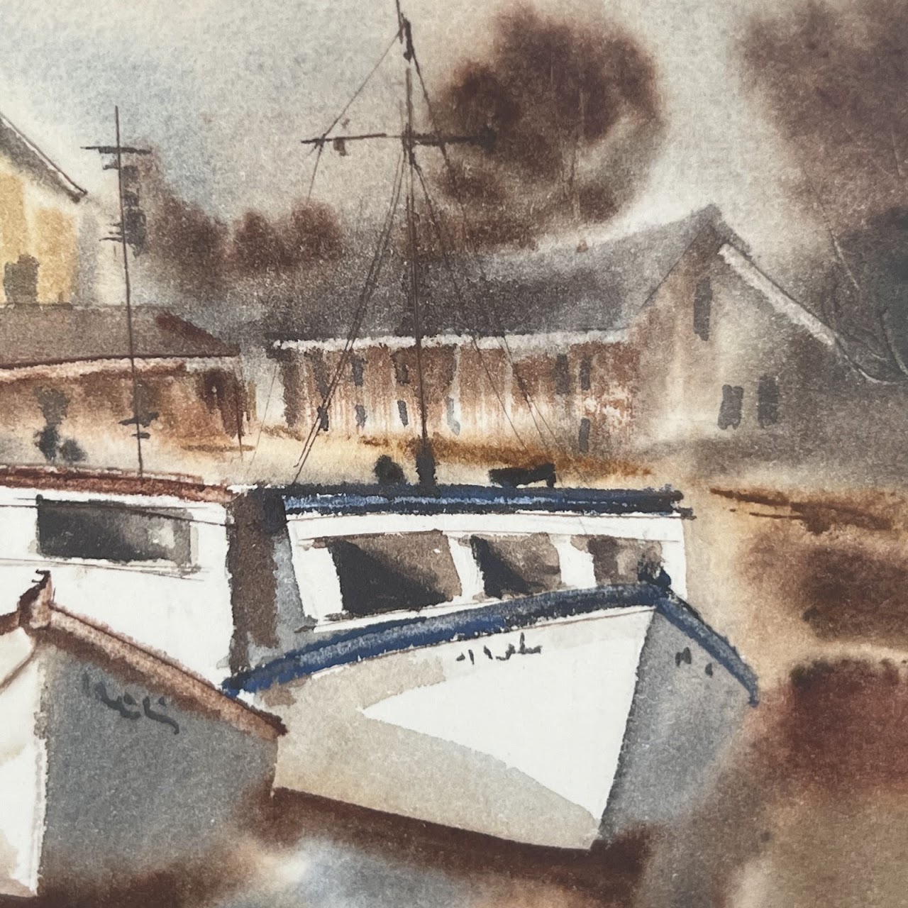 Boats at Dock Watercolor Painting