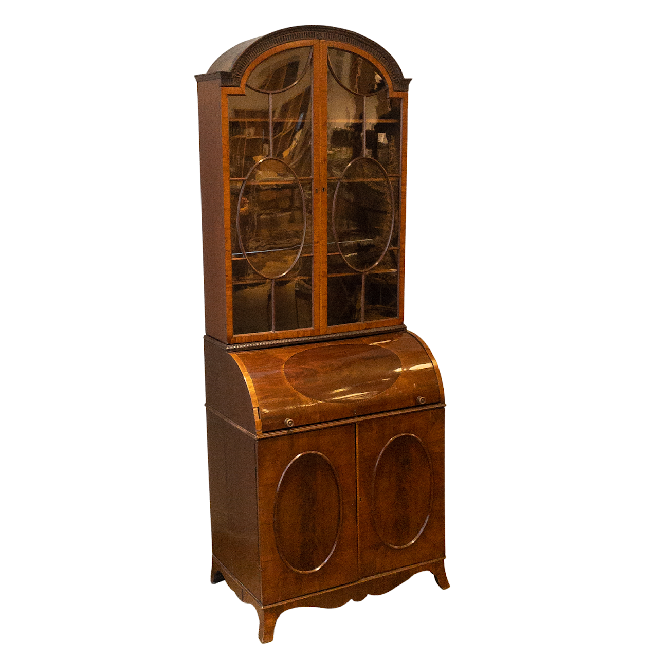 Antique Roll Front Secretary With Flame Mahogany Veneers