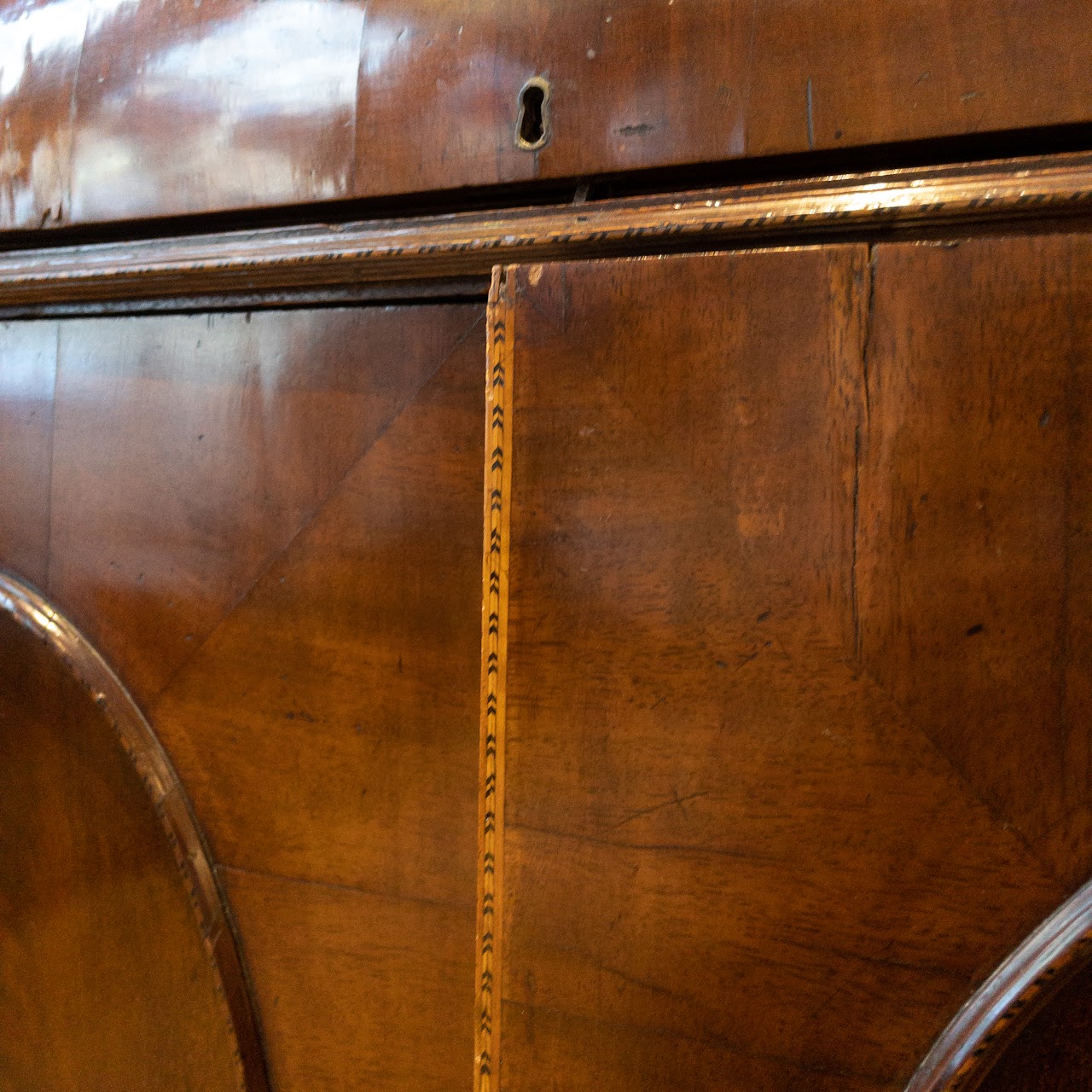 Antique Roll Front Secretary With Flame Mahogany Veneers