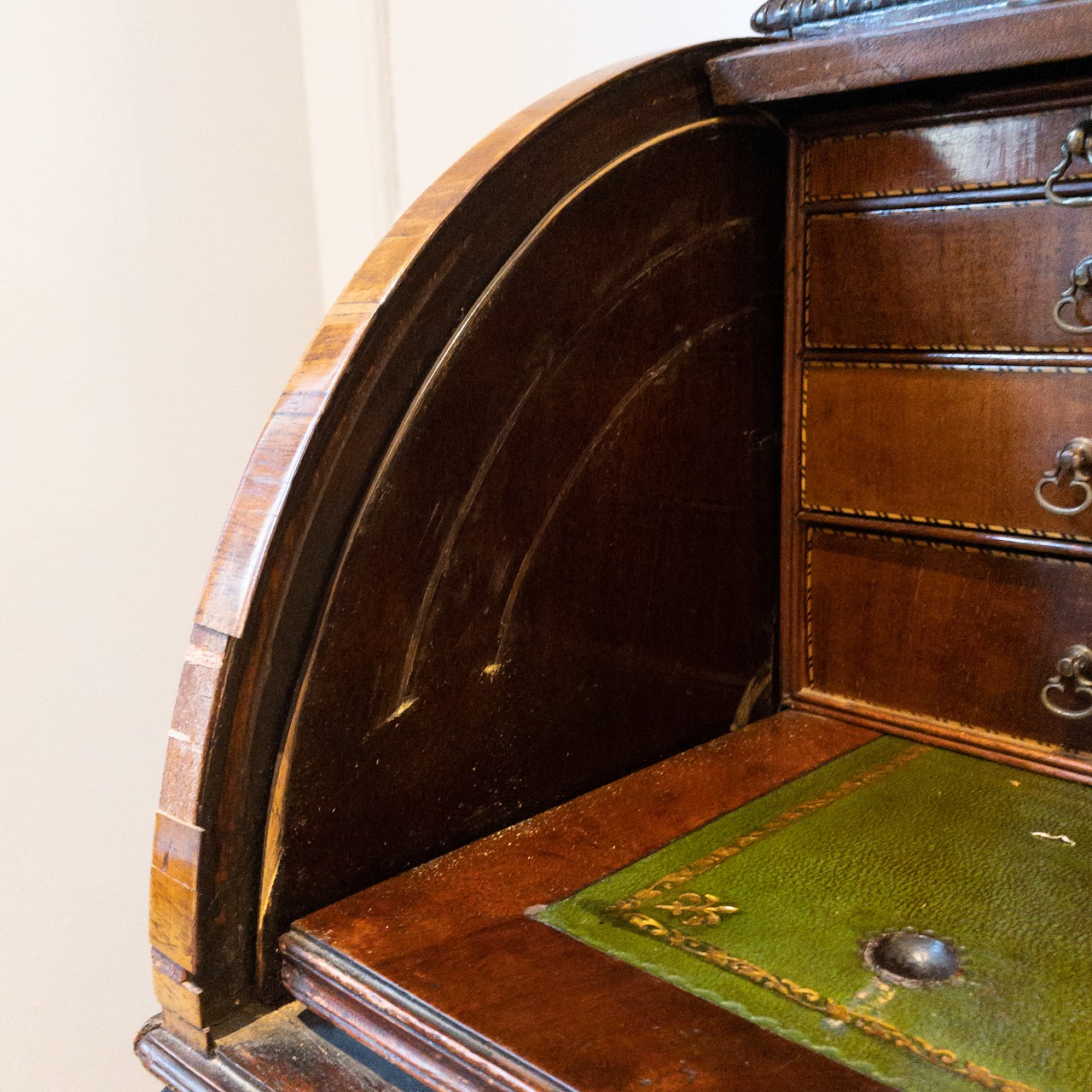 Antique Roll Front Secretary With Flame Mahogany Veneers