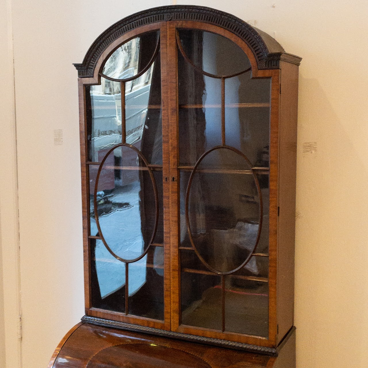 Antique Roll Front Secretary With Flame Mahogany Veneers