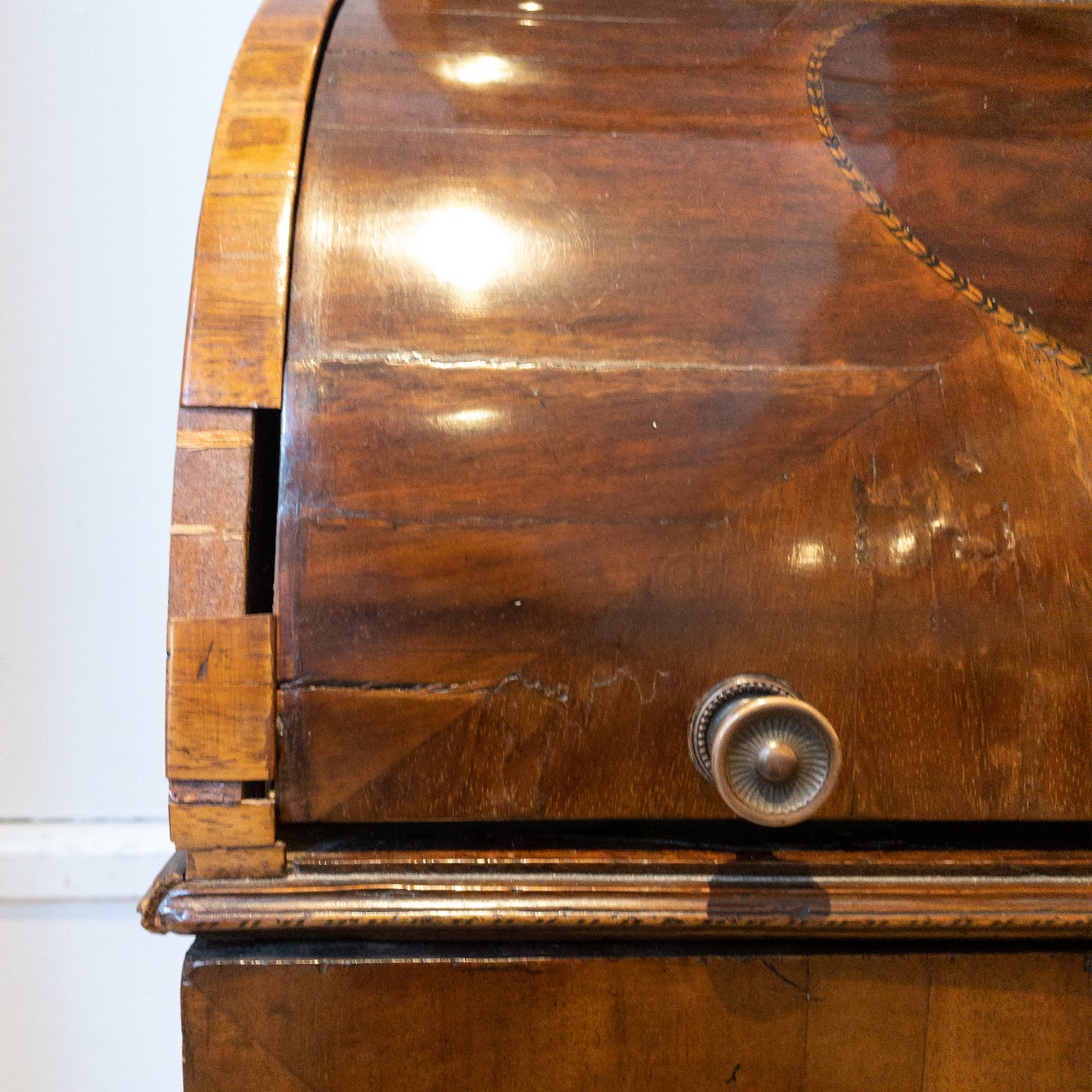 Antique Roll Front Secretary With Flame Mahogany Veneers