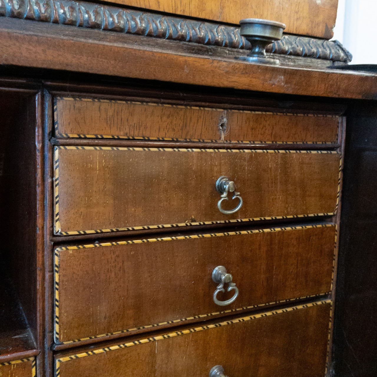 Antique Roll Front Secretary With Flame Mahogany Veneers