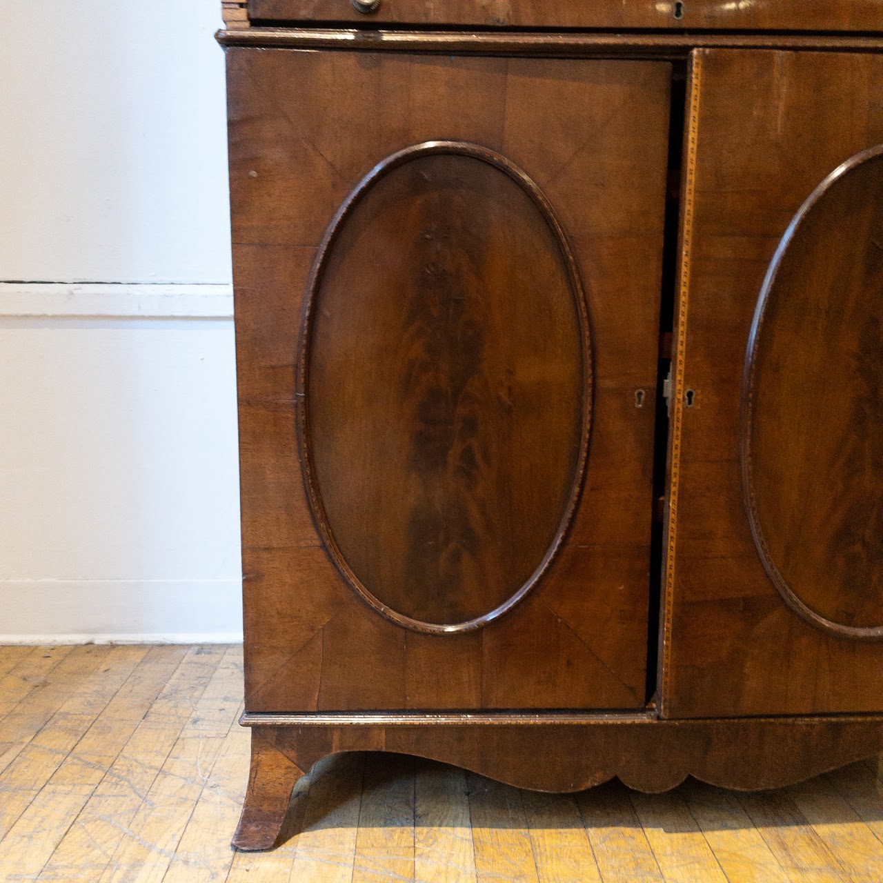 Antique Roll Front Secretary With Flame Mahogany Veneers