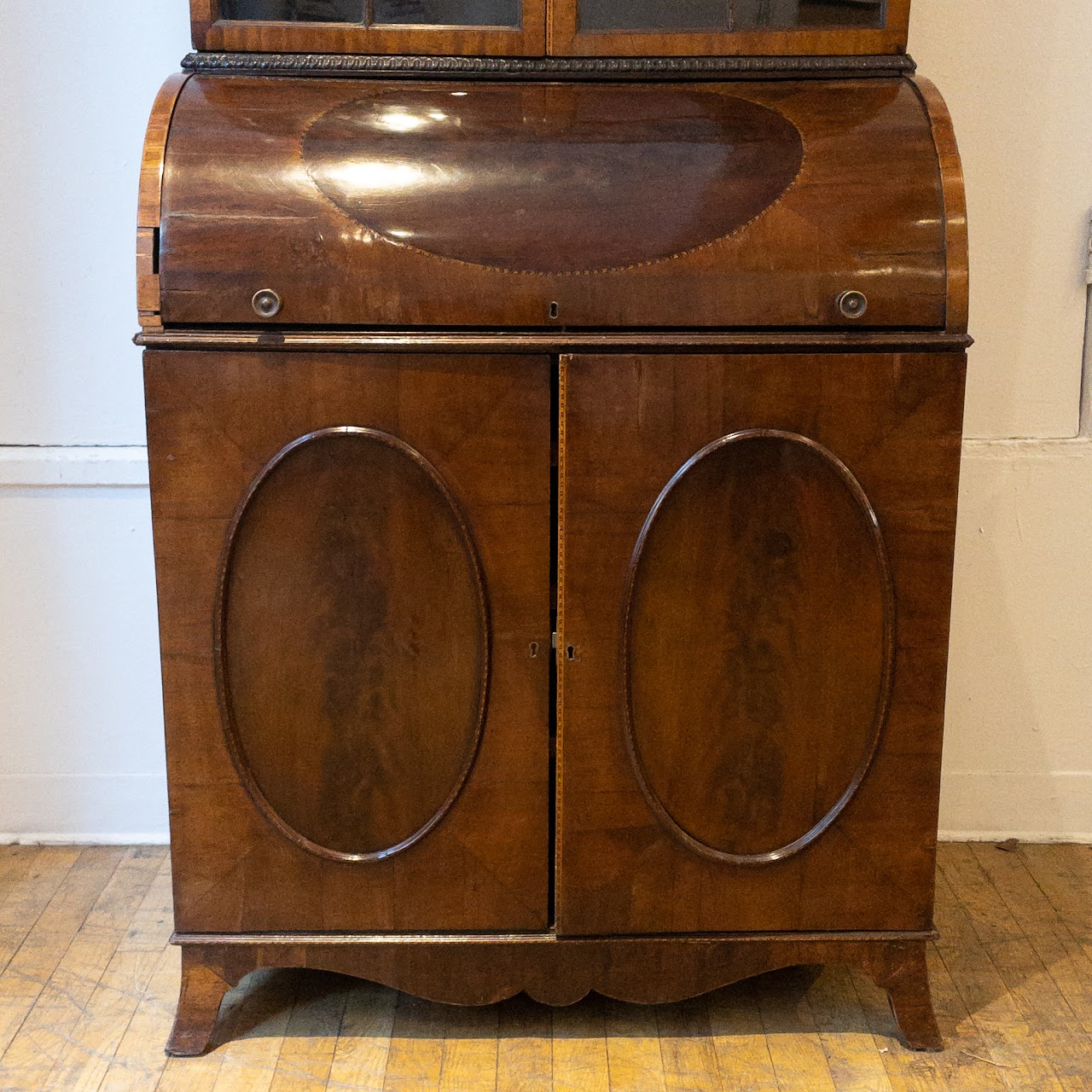 Antique Roll Front Secretary With Flame Mahogany Veneers