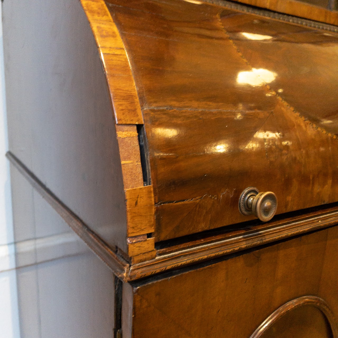 Antique Roll Front Secretary With Flame Mahogany Veneers