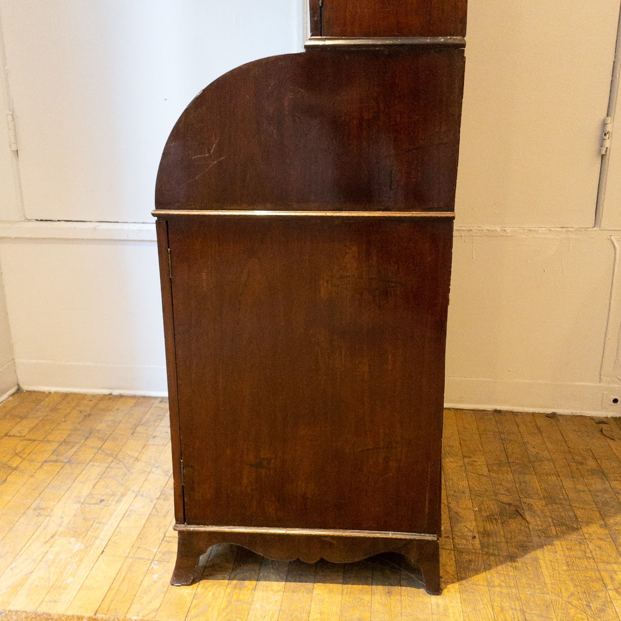 Antique Roll Front Secretary With Flame Mahogany Veneers