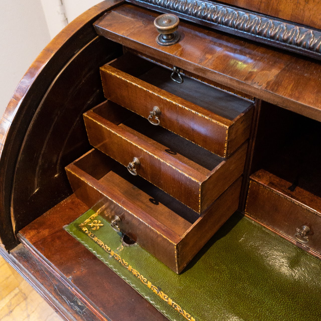 Antique Roll Front Secretary With Flame Mahogany Veneers