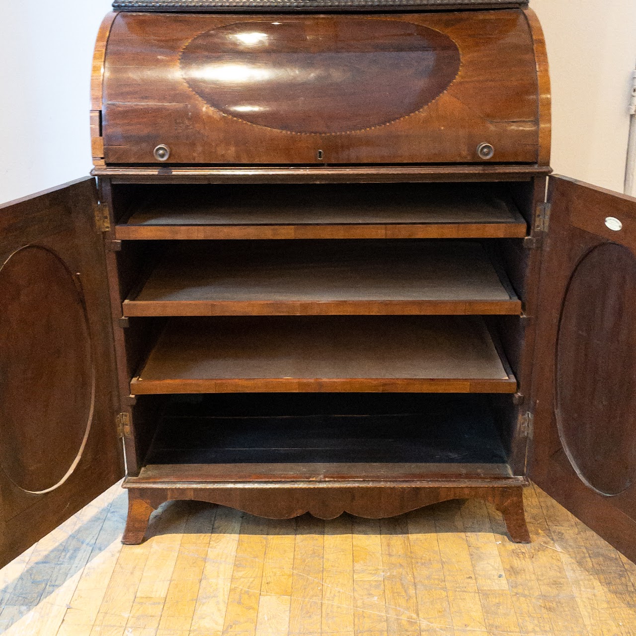 Antique Roll Front Secretary With Flame Mahogany Veneers