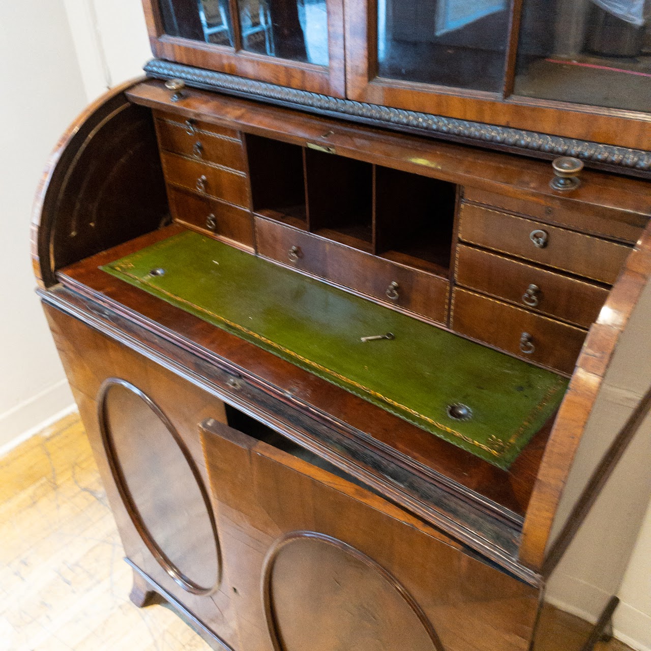 Antique Roll Front Secretary With Flame Mahogany Veneers