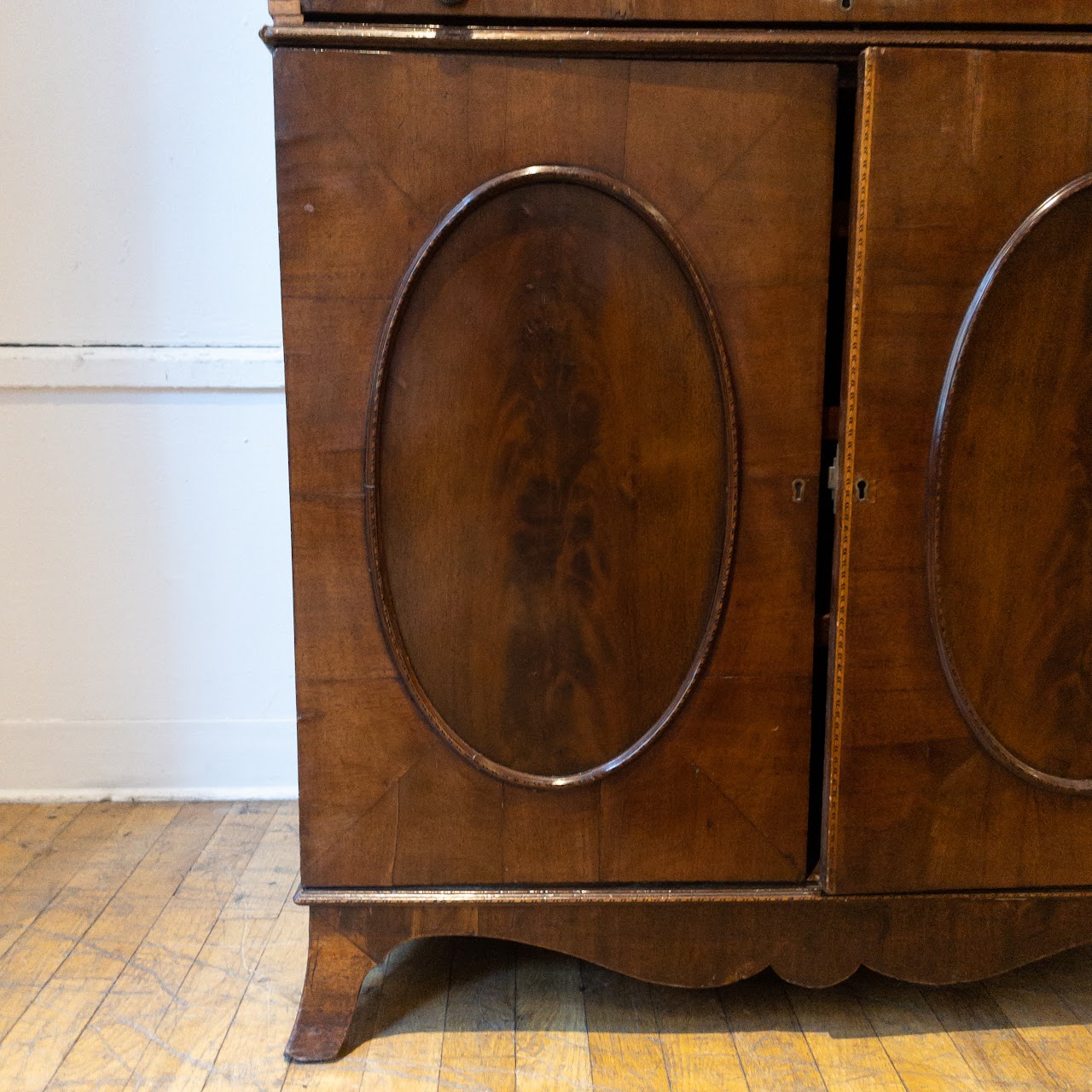 Antique Roll Front Secretary With Flame Mahogany Veneers