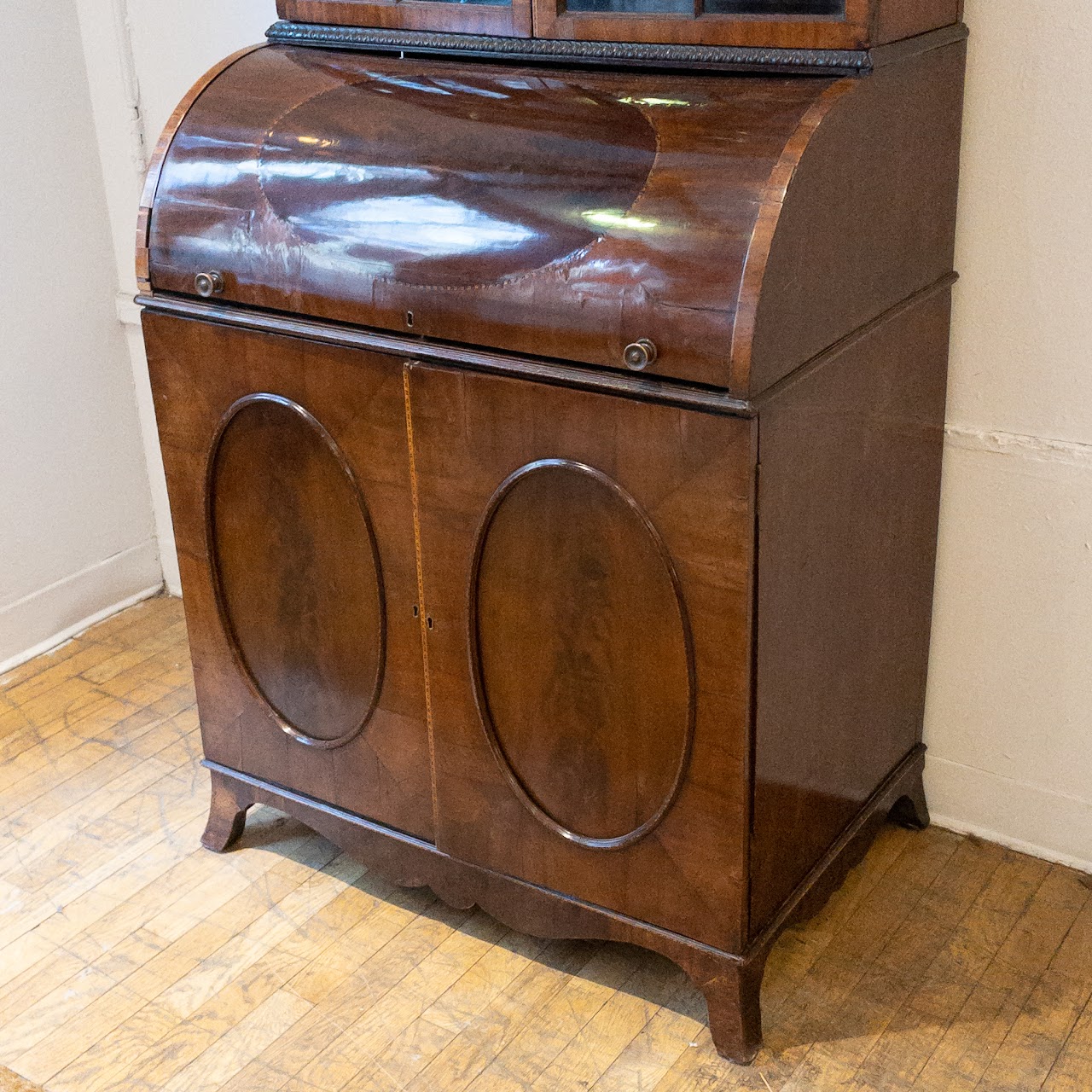 Antique Roll Front Secretary With Flame Mahogany Veneers